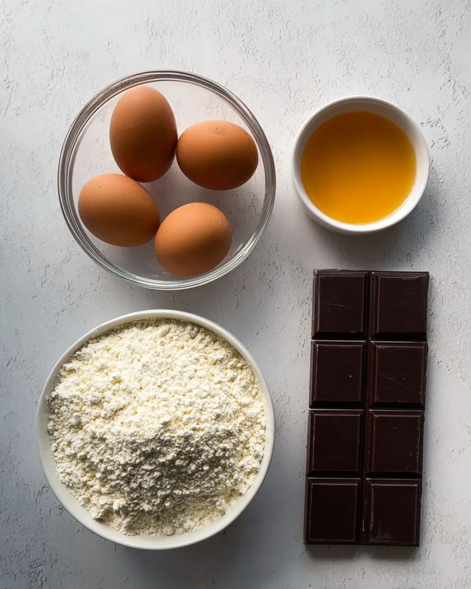 Four brown eggs sit in a clear glass bowl on a white marbled surface. To the right of the eggs is a small white bowl filled with golden honey. Below the honey and eggs, there is a large white bowl filled with light, powdered white flour. Next to the flour, on the right side, is a dark chocolate bar, divided into six large squares, resting flat on the white marbled surface. Photo taken with an iphone --ar 4:5 --v 7