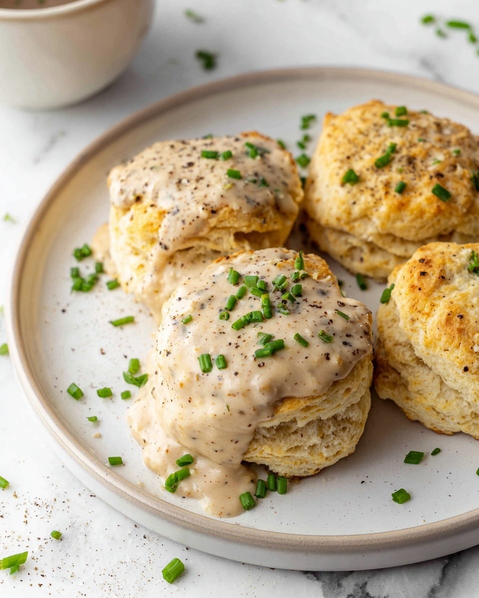 The image shows four golden-brown biscuits on a white plate. Two of the biscuits are covered with a thick, light beige creamy sauce that has a slightly chunky texture. The sauce is sprinkled with small green chive pieces and black pepper, adding contrast to the top. The biscuits appear soft and flaky with a rough texture. The plate rests on a white marbled surface, with some scattered chives and black pepper around it. Photo taken with an iphone --ar 4:5 --v 7