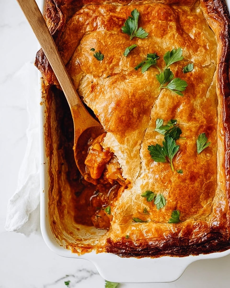 The image shows a golden-brown baked pie in a white rectangular baking dish on a white marbled surface. The pie has a thick, flaky crust that covers it fully, with some darker browned edges around the rim. Pieces of fresh green parsley leaves are scattered on top, adding a pop of color. A wooden spoon rests inside the dish, scooping out a portion that reveals the inside filled with orange-brown chunky filling sandwiched between layers of crust. The pie crust looks crispy and flaky with slight cracks, and the overall scene is bright and clean. Photo taken with an iphone --ar 4:5 --v 7