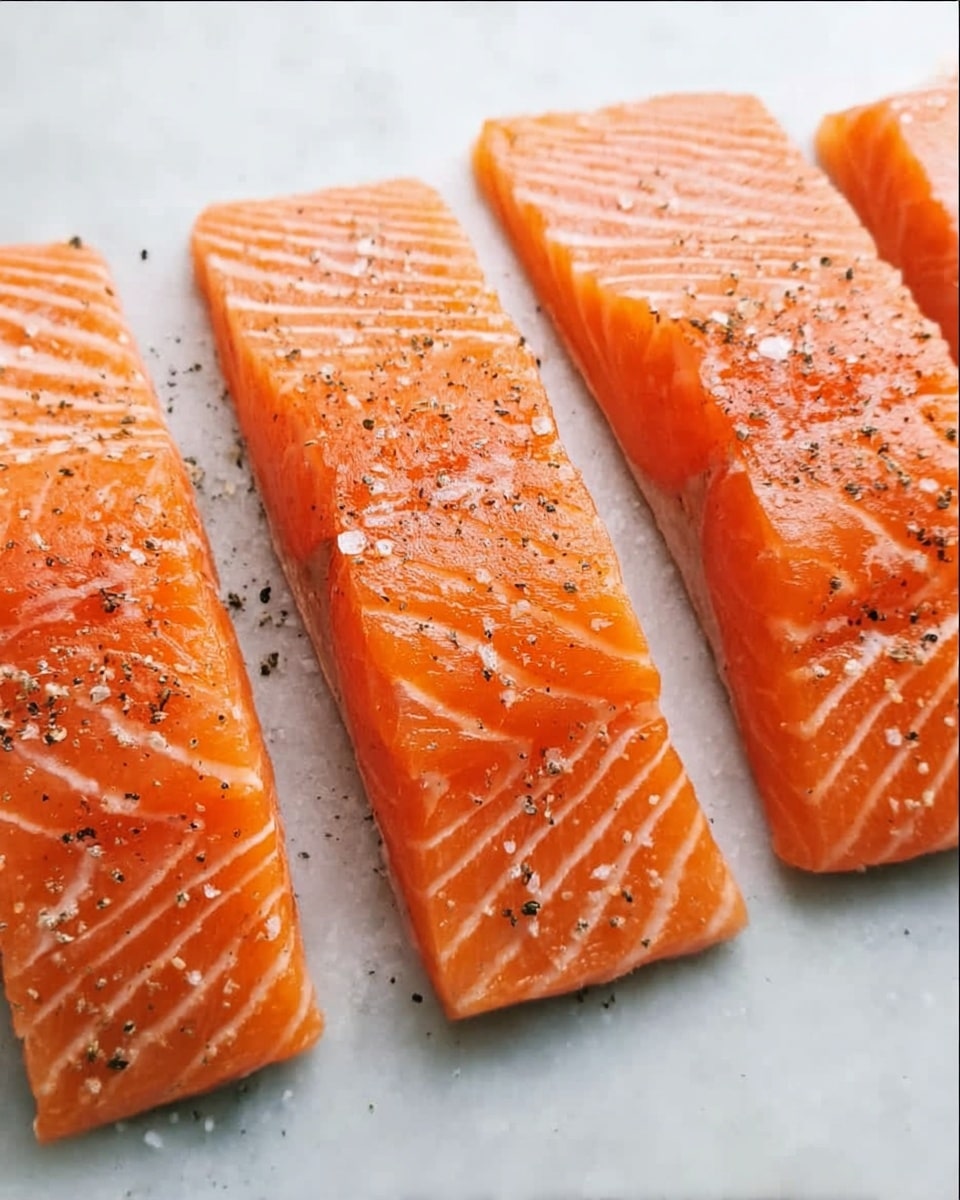 Four raw salmon slices are laid side by side on a white marbled surface. Each slice shows visible white lines of fat that run diagonally, with a fresh orange color. The salmon pieces are sprinkled with coarse black pepper and small salt flakes. The lighting highlights the smooth and slightly shiny texture of the fish. photo taken with an iphone --ar 4:5 --v 7