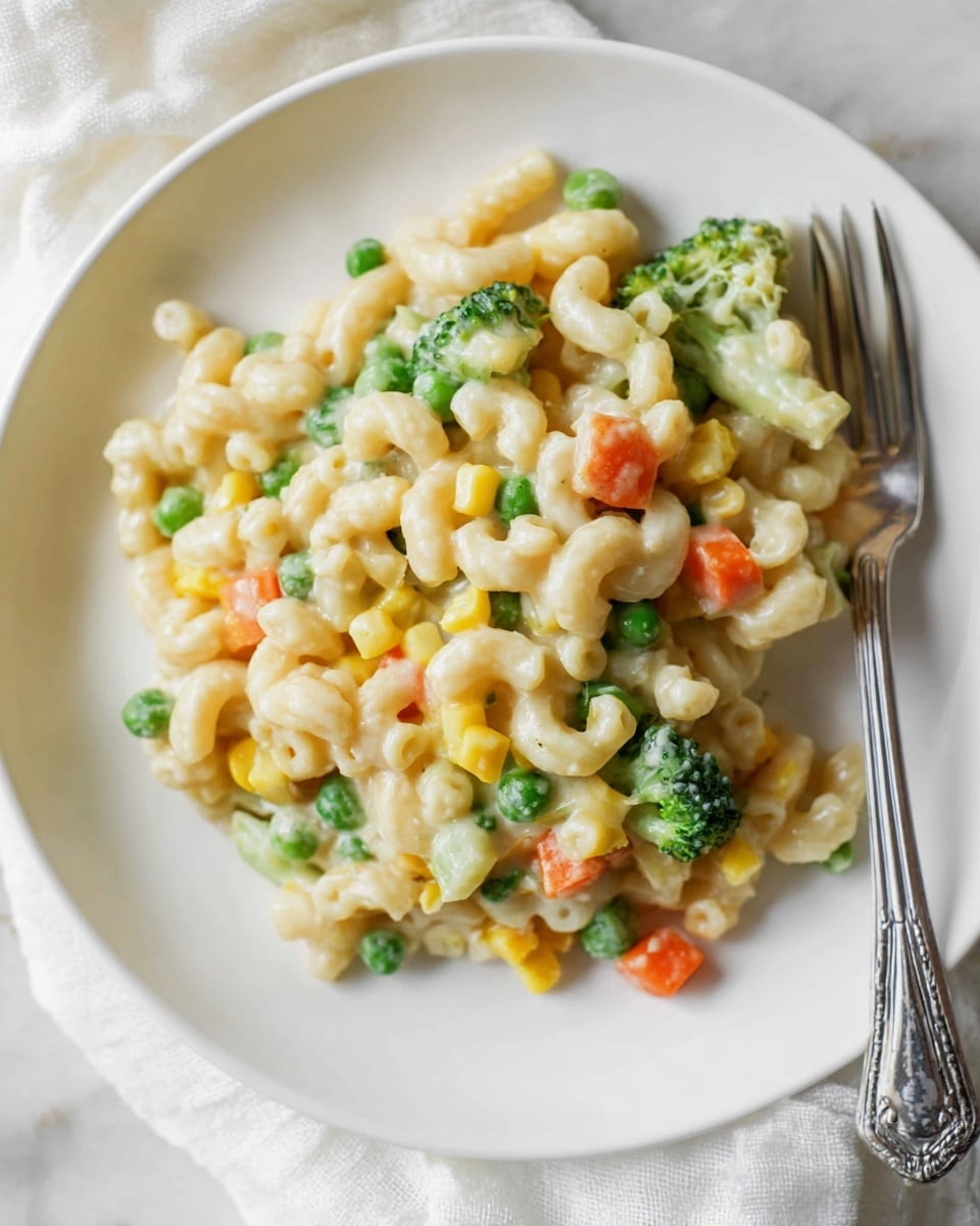A white plate holds a single layer of cream-coated elbow macaroni mixed with small green peas, bright orange carrot cubes, yellow corn kernels, and green broccoli florets, creating a colorful and soft texture. A shiny silver fork rests on the right edge of the plate on top of the pasta. The plate sits on a white marbled surface with a soft white cloth partially visible under it. photo taken with an iphone --ar 4:5 --v 7