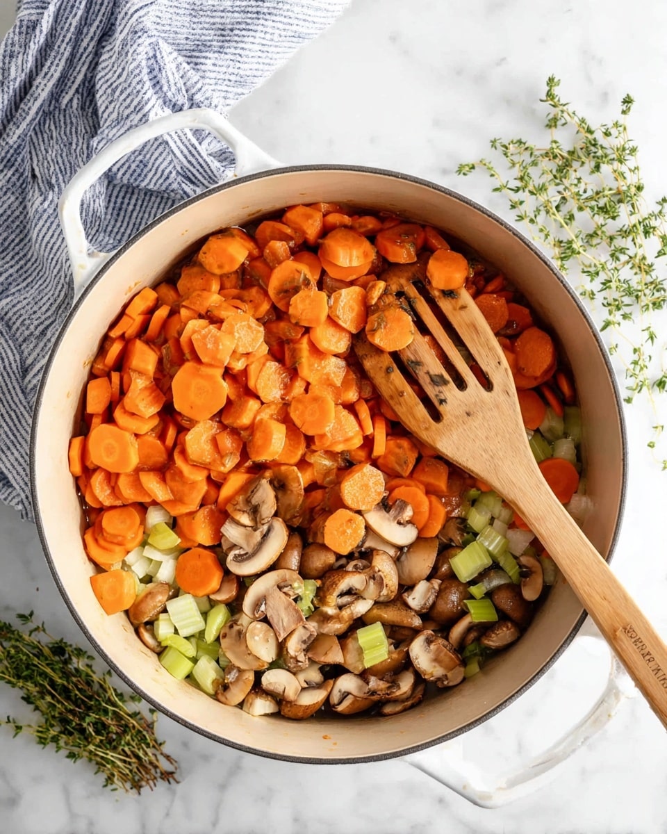 A large white pot filled with three main layers: the bottom layer has small white and light green celery pieces with slightly translucent chopped onions, the middle layer is a mix of sliced brown mushrooms with white undersides, and the top layer is bright orange carrot slices covering most of the pot. A wooden spatula with slits rests diagonally inside the pot on top of the vegetables. The pot sits on a white marbled surface with a few sprigs of green herbs nearby and part of a blue and white striped cloth visible in the upper left corner. Photo taken with an iphone --ar 4:5 --v 7