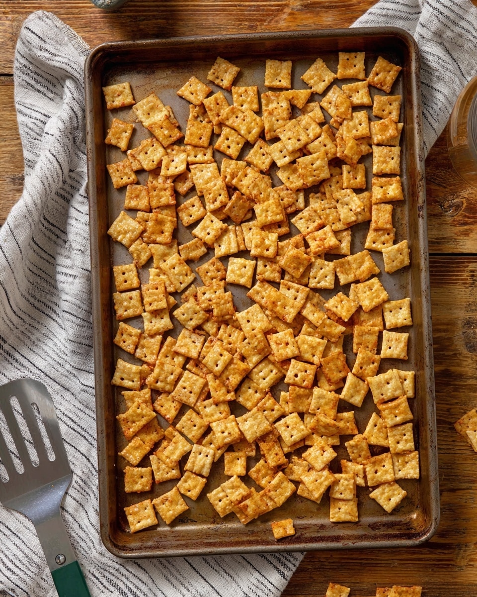 A baking sheet filled with many small, square crackers scattered evenly in one layer. The crackers have a golden-brown color with some darker toasted spots, and small holes are visible on their surface. The baking sheet rests on a wooden table with a white and gray striped cloth partially under it, and a metal spatula with a green handle is placed at the bottom left edge. The overall scene is lit naturally, showing textures clearly. Photo taken with an iphone --ar 4:5 --v 7