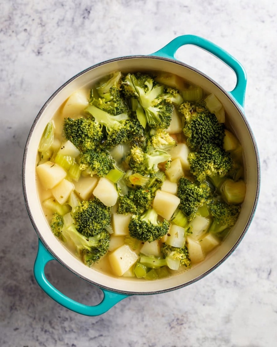 A white pot with turquoise handles filled with a mix of broccoli florets, diced potatoes, and chopped celery floating in light broth. The broccoli pieces are bright green with textured florets, scattered evenly on top with the potato cubes showing a soft pale yellow color beneath. The celery is pale green and sliced into small curved pieces, sprinkled throughout the pot. The pot is placed on a white marbled surface with a soft light coming from above. photo taken with an iphone --ar 4:5 --v 7