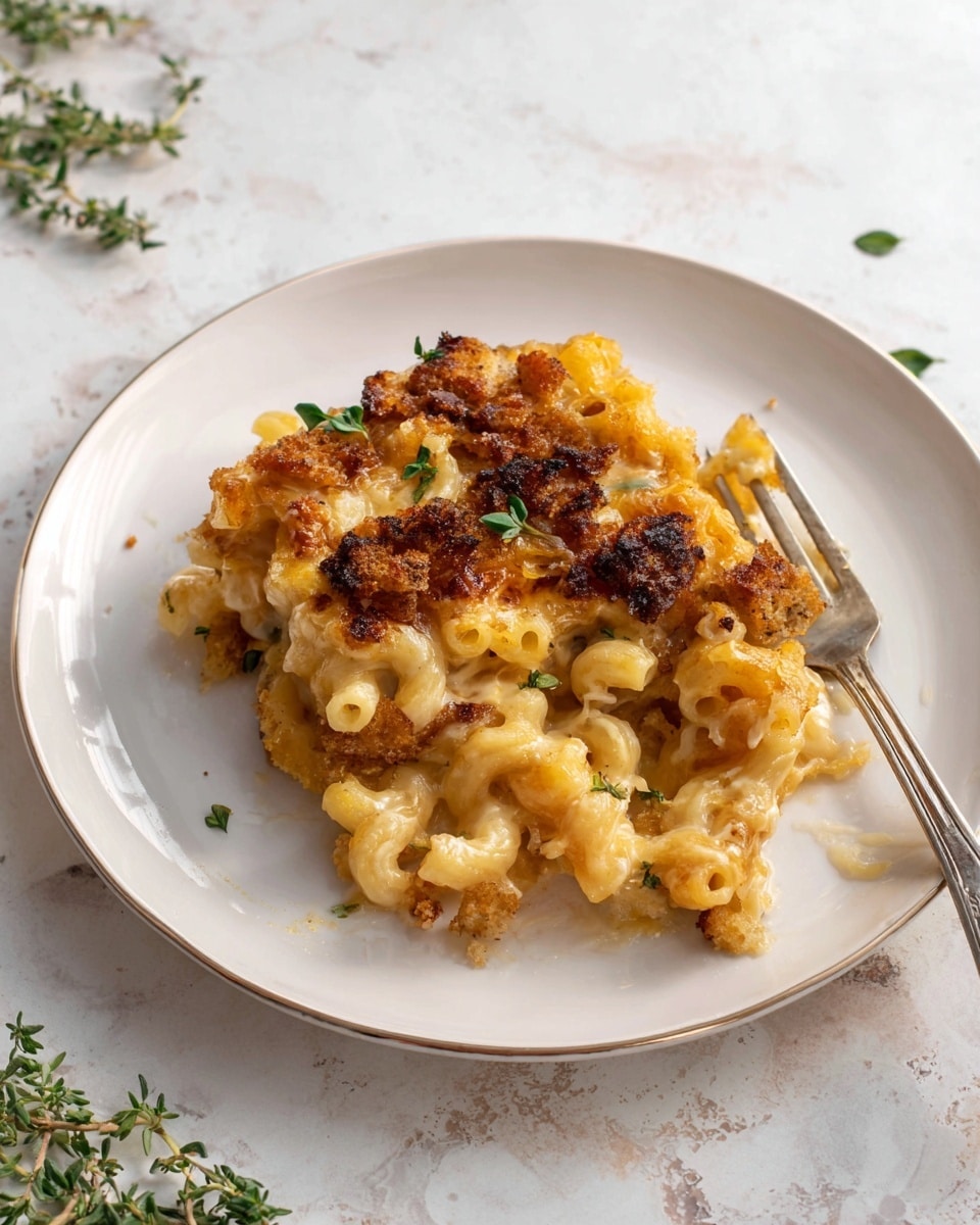 A white plate holds a serving of baked pasta with three main layers. The bottom layer is creamy pasta with a yellowish cheese sauce, showing thick, soft macaroni shapes. The middle layer has crispy browned bits that look like small chunks of bread or topping browned to a golden and dark brown color. The top layer has melted cheese browned in spots with a few fresh green herb leaves scattered for garnish. A silver fork is resting at the side of the plate, and the white marbled table surface is in the background with a few herb sprigs around. Photo taken with an iphone --ar 4:5 --v 7