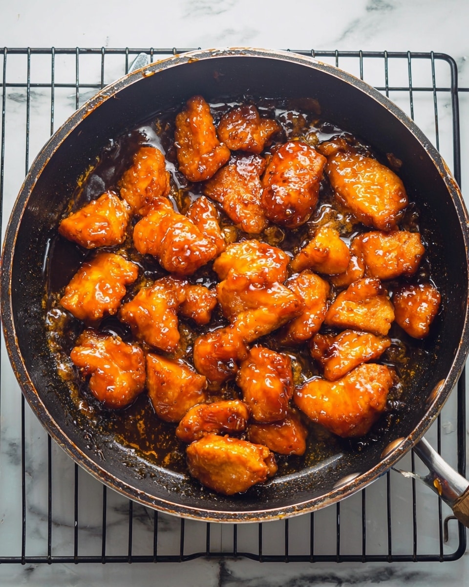 The image shows a dark pan filled with about 20 pieces of orange-glazed chicken, covered in shiny sauce with a sticky look. The chicken pieces are irregular, some small and some larger, with a glossy, thick coat that catches the light, making the texture look smooth and sticky. The background is a white marbled surface, and the pan rests on a black cooling rack. The edges of the pan are worn and darkened, adding a rustic feel to the image. Photo taken with an iphone --ar 4:5 --v 7