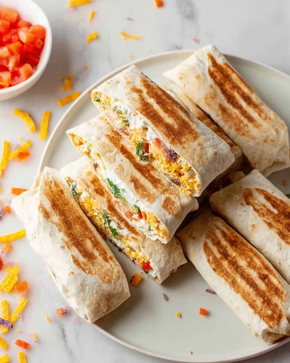 The image shows five grilled wrap sandwiches on a white plate with light grill marks brown and golden on the tortillas' surfaces. The wraps are folded tightly into rectangular shapes and stacked slightly over each other. One wrap is cut open on one side, revealing layers inside: first a creamy white sauce layer, then some yellow shredded cheese, and bits of orange and green vegetables mixed with other fillings. The plate is placed on a white marbled surface with small colorful tortilla strips scattered on one side and a small white bowl filled with diced orange tomatoes visible at the edge. Photo taken with an iphone --ar 4:5 --v 7