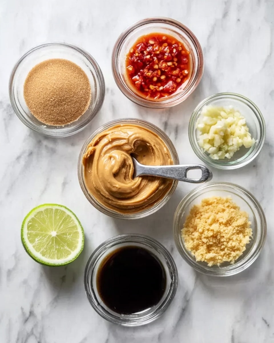 The image shows seven small clear glass bowls arranged on a white marbled surface. In the center is a bowl filled with smooth peanut butter with a metal measuring spoon resting inside it, showing