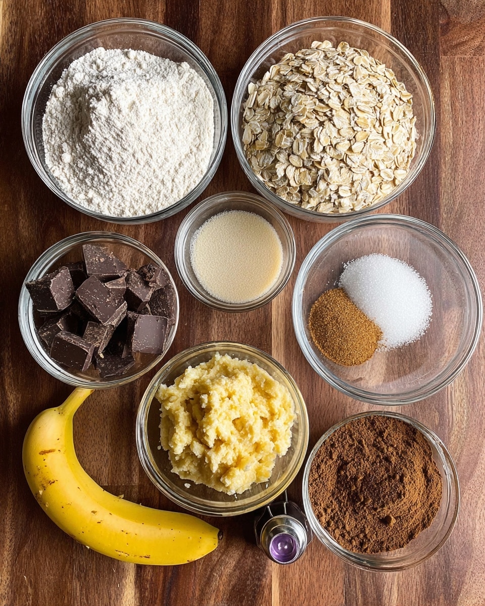 The image shows eight clear bowls and one metal measuring cup arranged on a wooden surface with a yellow banana and a small bottle with a purple cap placed near the bottom. From top left moving clockwise, the largest bowl contains white flour with a powdery texture, next is another large bowl filled with light tan rolled oats with a layered flat shape. Below is a medium clear bowl with a foamy light beige liquid, possibly melted butter or oil. Next, a small clear bowl holds white and brown powders including salt and cinnamon. Near the bottom center, a metal measuring cup contains a mashed yellow banana mixture with a soft, slightly chunky texture. To the bottom left, a medium clear bowl is filled with chocolate chunks that are dark brown and uneven in size. Above it, a medium clear bowl contains brown sugar that looks soft and crumbly. In the center, a small clear bowl holds white granulated sugar. The background is wood but should be changed to a white marbled texture for the prompt. photo taken with an iphone --ar 4:5 --v 7