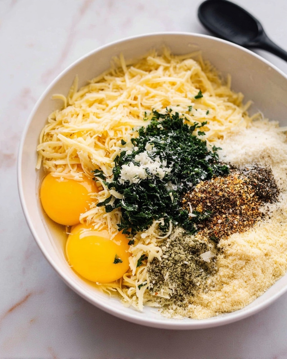 A white bowl filled with several layers of ingredients, starting with two bright yellow egg yolks on the bottom left, surrounded by shredded pale yellow cheese on the upper left and finely grated pale cheese on the right side. On top of the cheeses and eggs, there are small piles of dark green chopped herbs or spinach, minced white garlic bits, and a mix of black pepper, salt, and other spices scattered mainly in the center and right areas. The bowl sits on a white marbled surface with a black spatula blurred in the background. Photo taken with an iphone --ar 4:5 --v 7