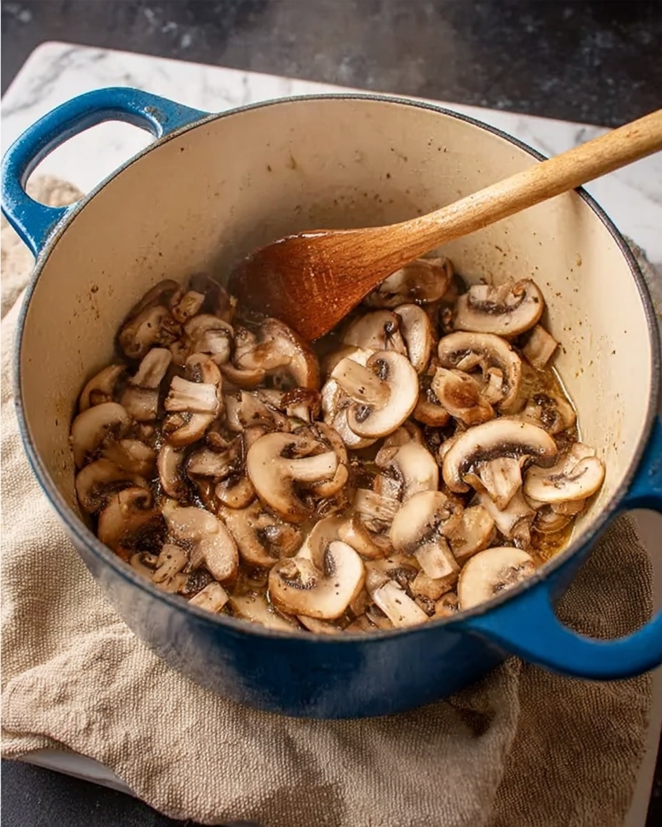 Inside a large blue pot with white interior, there are many beige and brown sliced mushrooms being stirred with a wooden spoon held by a woman's hand. The mushrooms are layered in the pot with slight browning and some cooking juices visible at the bottom. The pot sits on a dark surface with a beige cloth nearby, and the background has a white marbled texture. photo taken with an iphone --ar 4:5 --v 7
