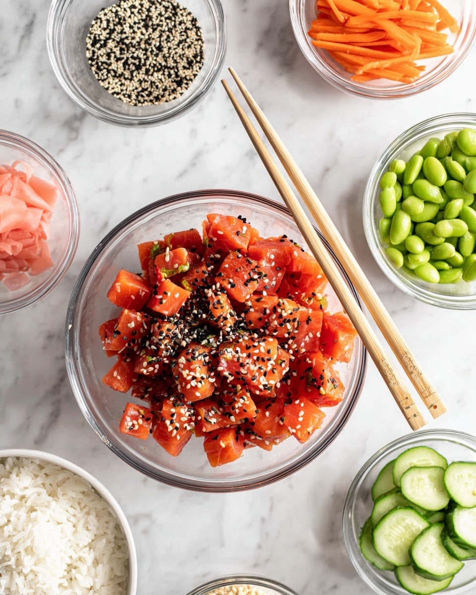 The image shows a clear glass bowl filled with a mix of red-orange cubed pieces, likely marinated fish, scattered with white and black sesame seeds, placed in the middle on a white marbled surface. Resting on the bowl are two light wooden chopsticks. Surrounding this main bowl are several smaller clear glass bowls: one with bright green edamame beans at the top right, one with thin orange carrot slices at the top left, a bowl with light pink pickled ginger at the middle left, a bowl containing black and white sesame seeds at the bottom left, a bowl with white cooked rice at the bottom left corner, a bowl with light cream-colored sauce at the middle right, and a bowl with green cucumber slices at the bottom right. Everything sits neatly on a white marbled texture. photo taken with an iphone --ar 4:5 --v 7