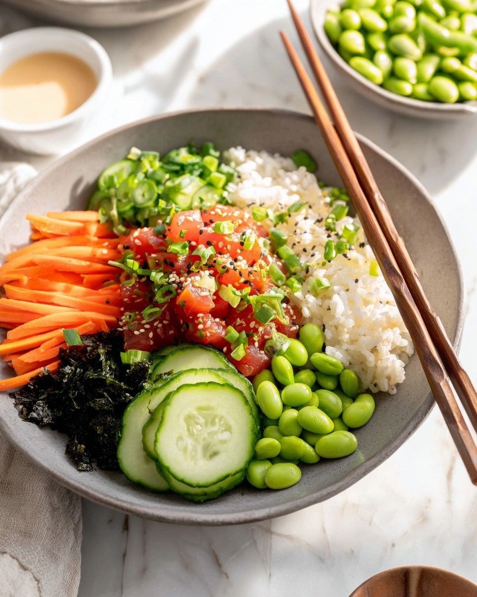 A grey bowl filled with six neat layers arranged side by side: white rice at the front, finely chopped green onions next to it, bright red diced fish mixed with black and white sesame seeds on the right, thinly sliced green cucumbers beside the fish, orange carrot sticks next to the cucumbers, and green edamame on the far left with a small pile of dark seaweed pieces below. A pair of wooden chopsticks rests diagonally on the bowl's edge. The bowl sits on a white marbled surface with a blurred white bowl of edamame and a bowl of light-colored sauce nearby, soft natural light enhancing the fresh vibrant colors. photo taken with an iphone --ar 4:5 --v 7