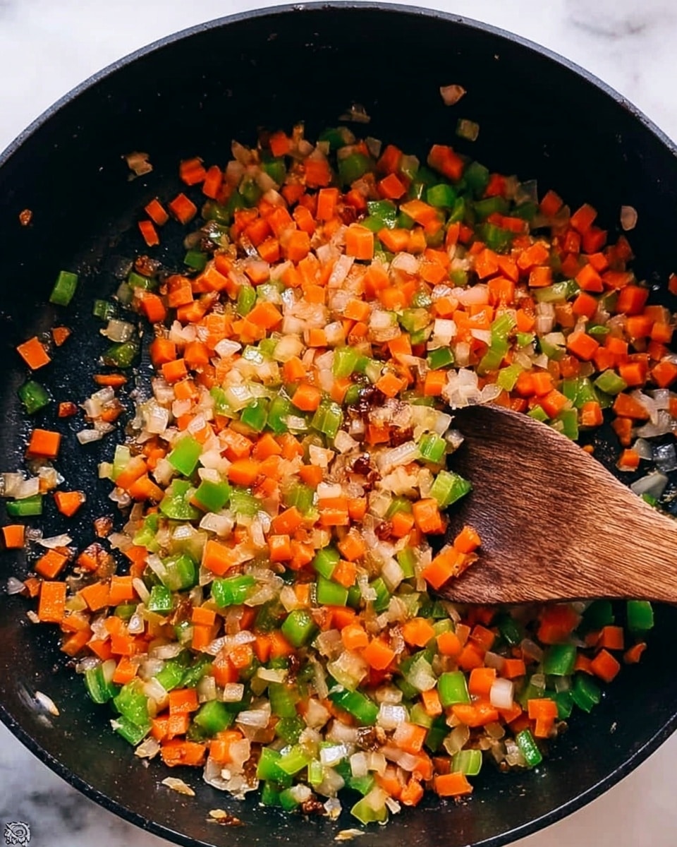 The image shows a close-up of a black pot filled with small, diced vegetables being cooked. The first layer consists of finely chopped orange carrots and green celery, mixed with bits of white onion scattered throughout. There are small pieces of browned garlic or other seasoning giving specks of brown and golden color. A wooden spoon is resting inside the pot, stirring the vegetables. The background is a white marbled texture. Photo taken with an iphone --ar 4:5 --v 7