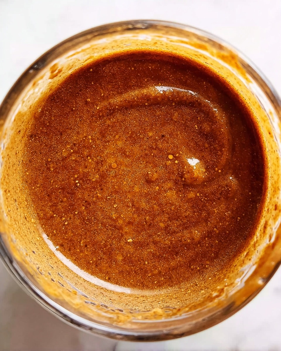 A close-up top view of a clear glass cup filled with one layer of thick, smooth, brown sauce with a slightly grainy texture. The inside rim of the cup shows streaks of the sauce, highlighting its rich consistency. The cup sits on a white marbled surface. photo taken with an iphone --ar 4:5 --v 7