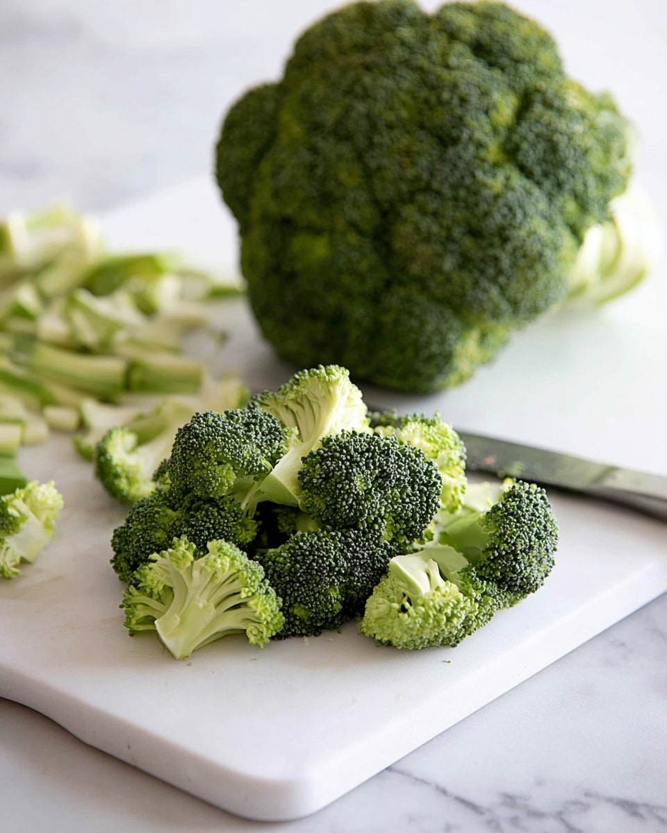 The image shows a close-up of fresh broccoli on a white cutting board placed over a white marbled surface. The broccoli is broken into three main parts: a large whole broccoli head at the back, a cluster of smaller broccoli florets in the center with dark green tops and light green stems, and trimmed stalks with pale green color on the left side. At the far back, a silver knife lies flat on the board near some small cut pieces of broccoli. The overall look is clean and fresh with soft lighting. Photo taken with an iphone --ar 4:5 --v 7