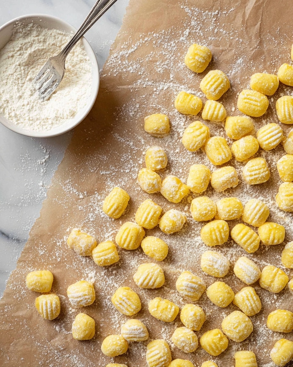 The image shows many small yellow gnocchi pieces spread out on a sheet of brown parchment paper dusted with white flour. Some gnocchi are fully covered with flour, while others show their smooth yellow color with fork marks on top. To the left, there is a white bowl partly filled with flour next to a silver fork resting on the white marbled surface, which is also lightly dusted with flour. The gnocchi are arranged loosely in a scattered way, creating a natural and soft look. photo taken with an iphone --ar 4:5 --v 7