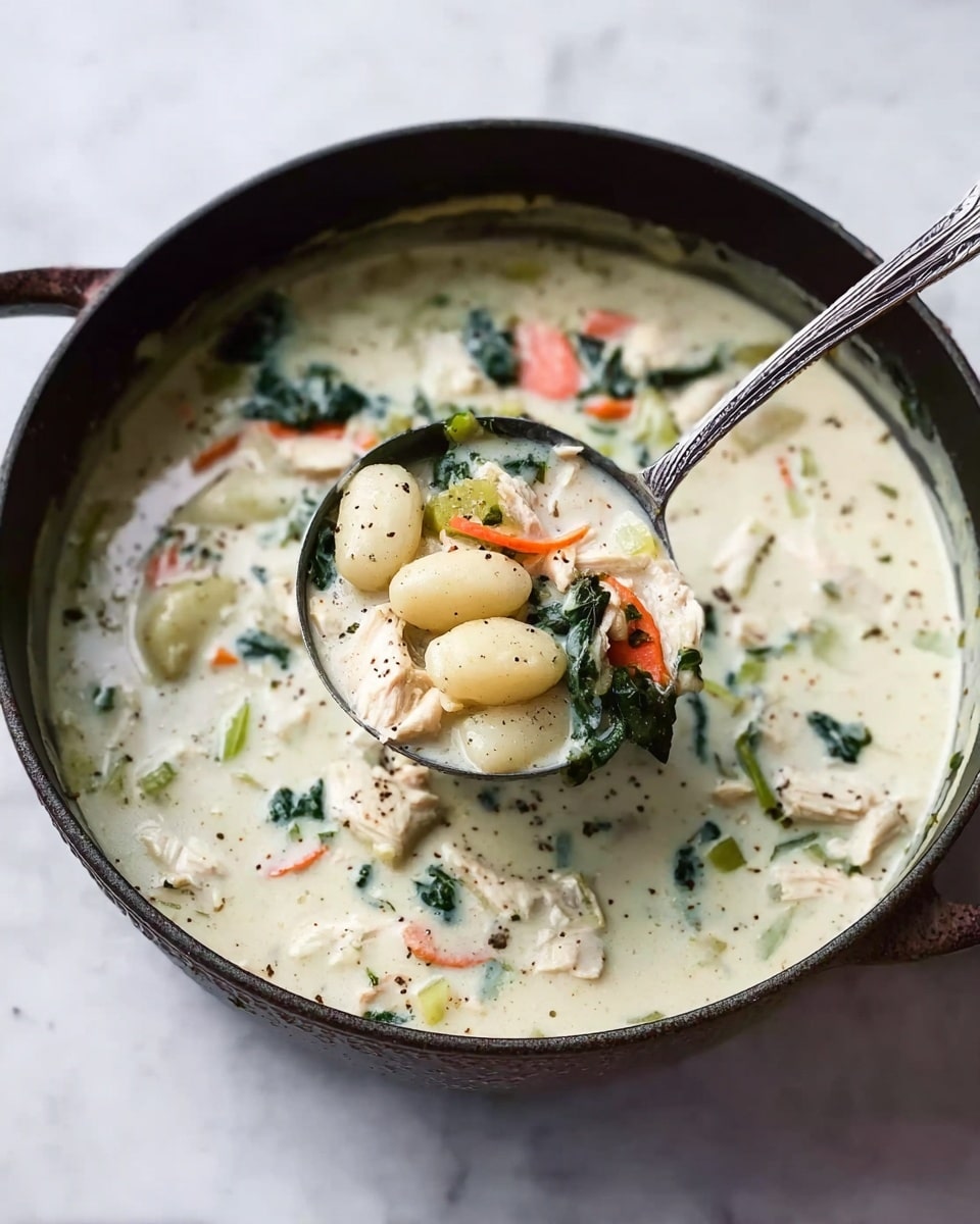 A dark pot filled with creamy white soup that has visible pieces of white chicken, soft gnocchi, thin carrot slices, light green celery, and dark green leafy vegetables all mixed in. A metal ladle in the pot lifts a portion of the soup, showing a close-up of the ingredients. The soup surface is smooth with small specks of black pepper and herbs. The pot sits on a white marbled surface. photo taken with an iphone --ar 4:5 --v 7