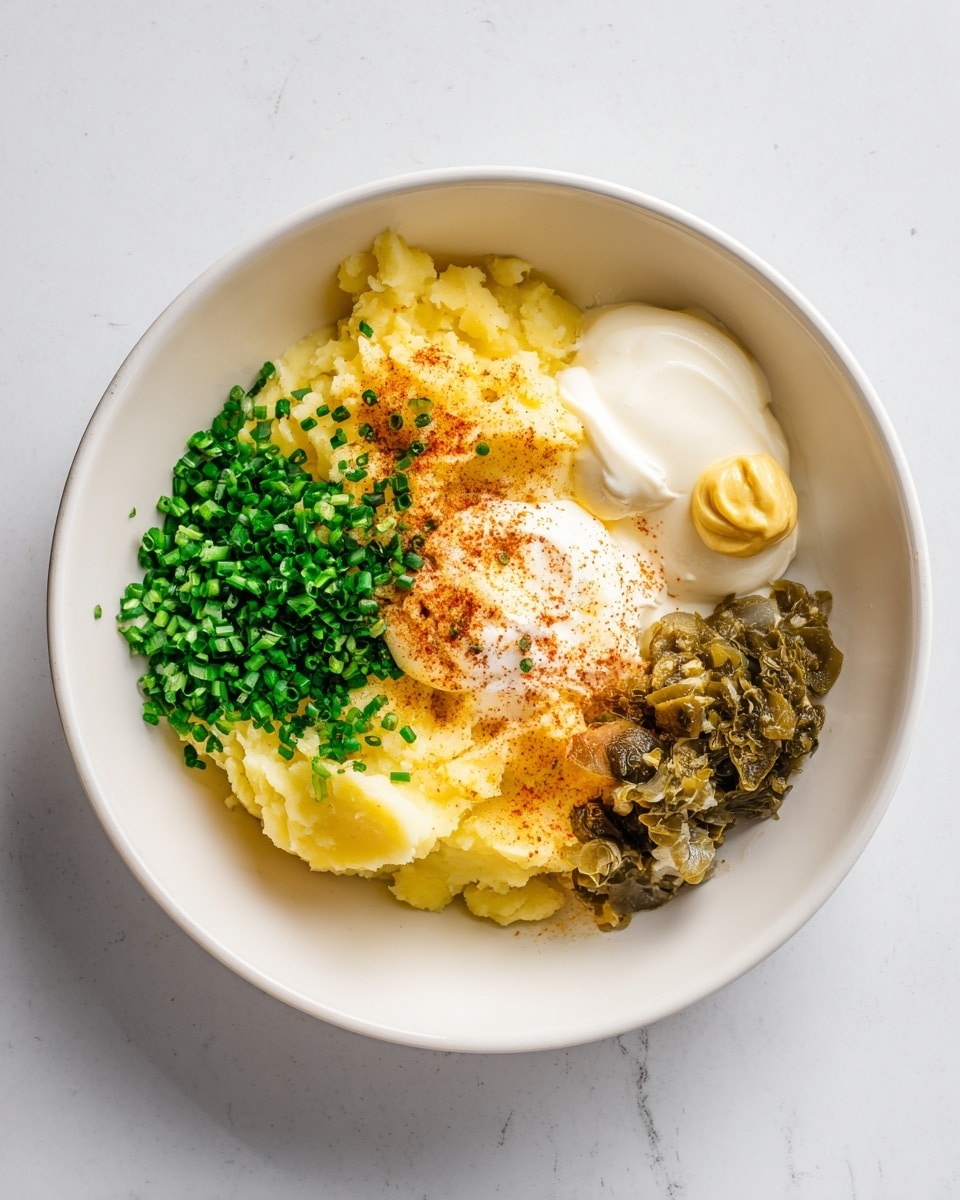 A white bowl sits on a white marbled surface filled with a mix of ingredients in clear sections. On the left, there is a layer of yellow mashed potatoes with a light dusting of black pepper and paprika on top. Next to it on the right are bright green chopped chives. Above the potatoes, a large dollop of creamy white mayonnaise and a small spoonful of yellow mustard rest side by side. To the far right, there is a pile of chopped pickles or capers, dark green and textured. The colors and textures create a vibrant mix within the bowl, from smooth and creamy to soft and chopped, all ready to be mixed together. photo taken with an iphone --ar 4:5 --v 7
