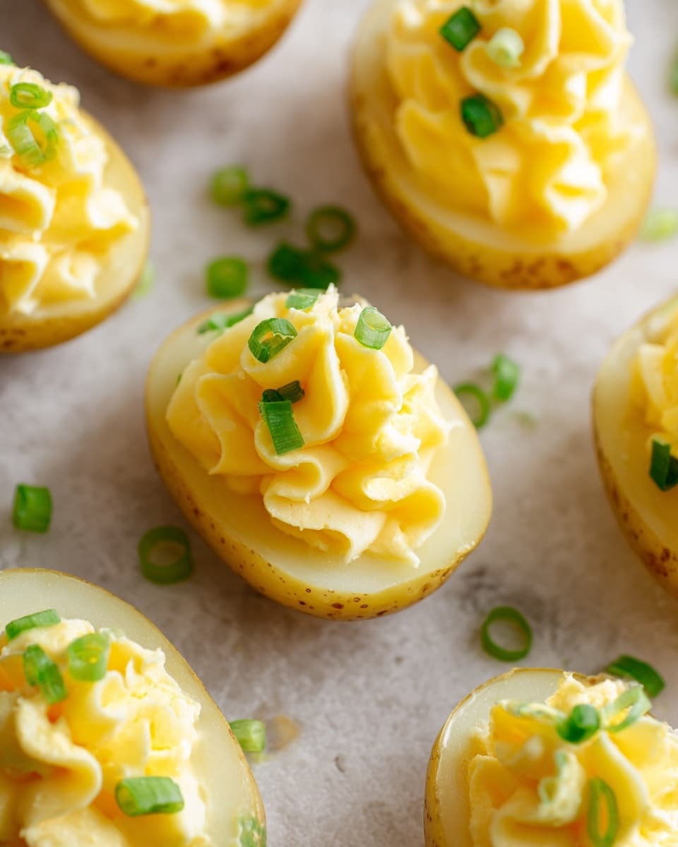 The image shows several small potato halves arranged closely on a white marbled surface. Each potato half has a smooth, shiny yellow skin and is filled with a creamy, pale yellow mixture that is piped in a swirled pattern, giving a textured, fluffy look. The creamy filling is topped with small pieces of fresh green onion, adding a pop of green color. The potatoes are evenly spaced, and some scattered green onion pieces are visible on the surface around them. The image focuses closely on the potatoes, capturing their fresh and soft textures. Photo taken with an iphone --ar 4:5 --v 7