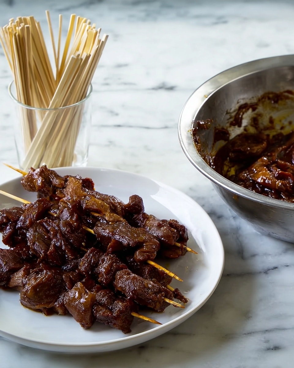The image shows two metal skewers with marinated dark brown meat pieces on a white round plate, placed on a white marbled surface. To the right, there is a metal bowl filled with more marinated meat, glossy and thick with sauce. Above the plate is a clear glass holding several wooden skewers standing upright. The scene is lit with soft, natural light giving a fresh look to the marinated meat and utensils. photo taken with an iphone --ar 4:5 --v 7