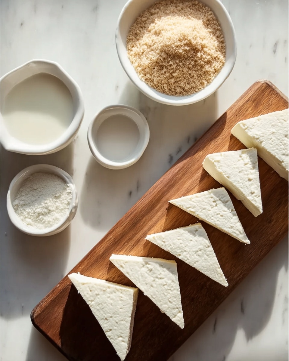 The image shows a wooden board placed on a white marbled surface, with nine triangular pieces of a white, crumbly food item (likely cheese or tofu) evenly spaced in two rows along the right side of the board. Above the board, there are three small white bowls arranged in a loose triangular shape. The bowl on the top left has a white liquid inside, the bowl on the bottom left contains a white powdery substance, and the bowl on the right is filled with a light brown fine crumb-like ingredient. The lighting is soft and natural, creating gentle shadows and highlighting the textures. photo taken with an iphone --ar 4:5 --v 7