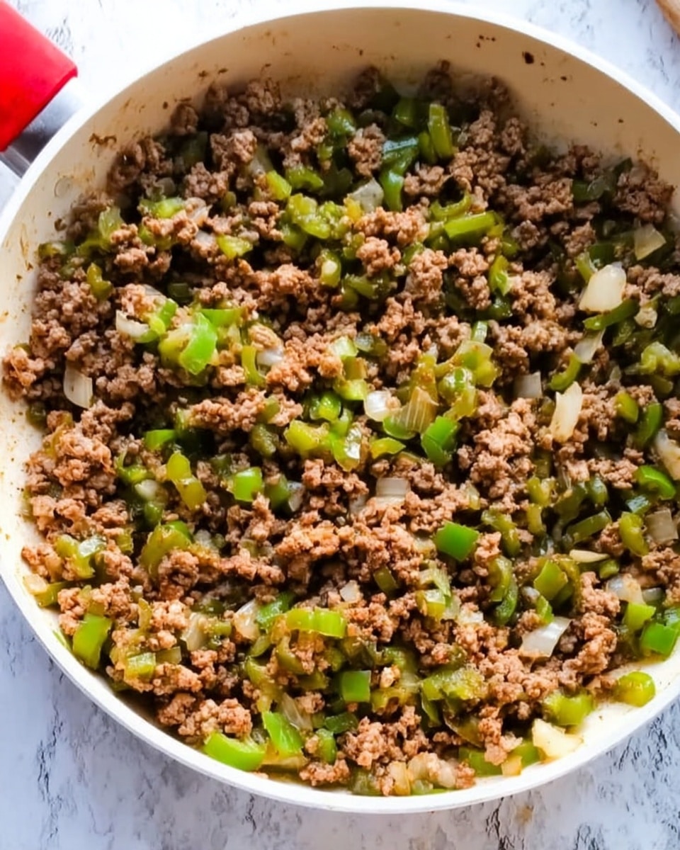 A white pan filled with cooked ground beef mixed with small pieces of green bell peppers and white onions. The beef is brown and crumbly, while the green bell peppers add a fresh, bright color, and the onions appear soft and translucent. The background is a white marbled surface with a red-handled cooking utensil partially visible at the top left. The image captures a close-up view, showing the textured mix of ingredients clearly. photo taken with an iphone --ar 4:5 --v 7
