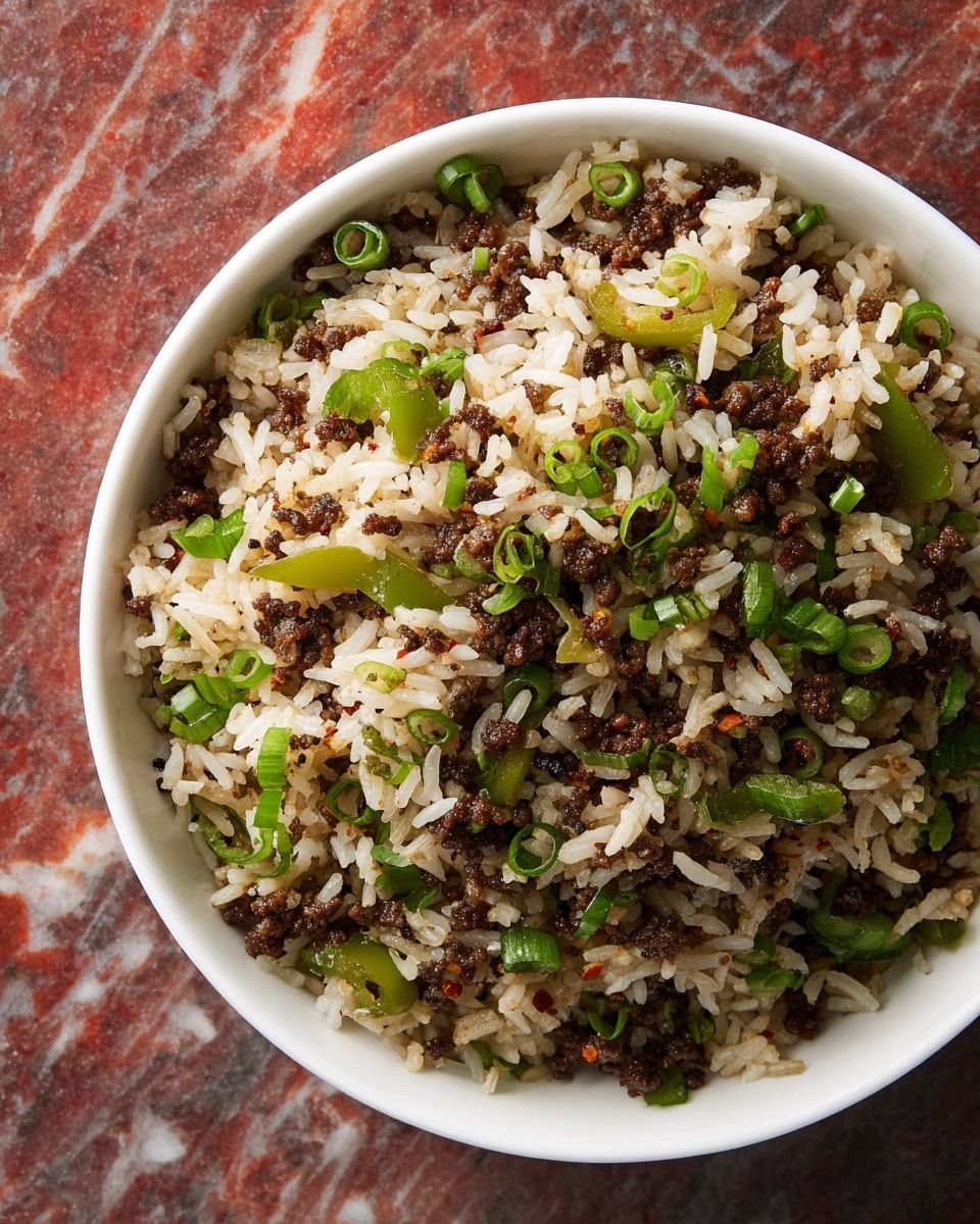 A white bowl filled with a mix of cooked white rice and small pieces of cooked ground meat, combined with chopped green vegetables like slices of peppers and green onions, all mixed evenly. The rice grains are separate and fluffy, while the meat is crumbled into small dark brown bits. The green pieces add bright color among the rice and meat, creating a textured, hearty dish. The bowl is placed on a white marbled surface. photo taken with an iphone --ar 4:5 --v 7