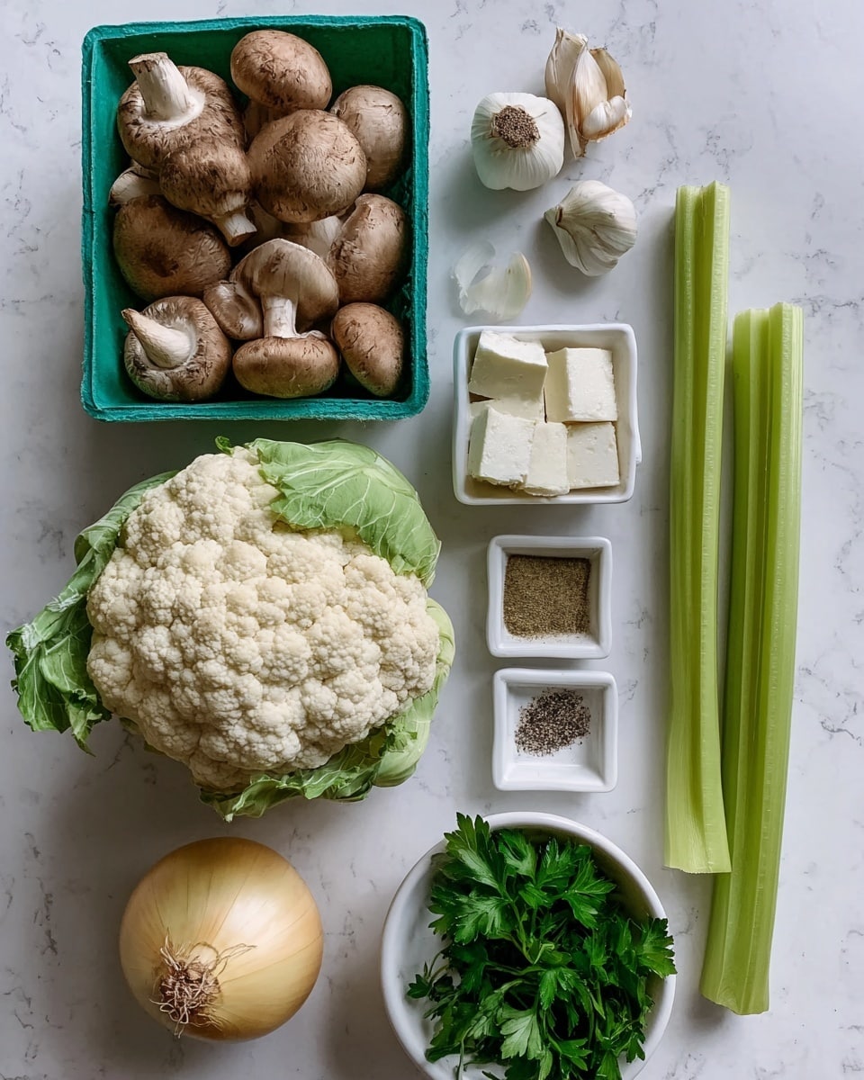 The image shows fresh ingredients arranged neatly on a white marbled surface. There is a full head of cauliflower with green leaves attached, positioned near a smooth, round yellow onion at the bottom left. A green plastic container filled with brown mushrooms sits at the top left. To the right side, there are two long green celery stalks, two whole garlic cloves, and three small white square dishes: one with white soft cheese cubes, one with ground greenish-brown spice, and the third with a mix of salt and black pepper. At the bottom right, a small white bowl holds fresh bright green parsley leaves. The colors are natural and earthy, with different textures from smooth onion skin, soft cheese, leafy vegetables, and rough cauliflower. photo taken with an iphone --ar 4:5 --v 7