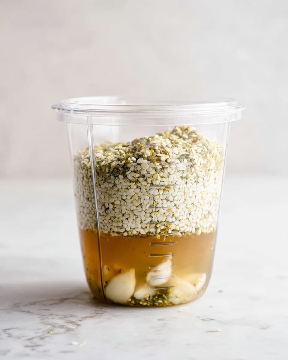 A clear plastic blender cup sits on a white marbled surface, filled with three visible layers: the bottom layer is a light brown liquid with some small green pieces, the middle layer has several whole garlic cloves partly submerged, and the top layer is a thick, textured heap of pale green and white seeds or grains. The cup has visible ridges near the top and is set against a soft, blurred white marbled background. photo taken with an iphone --ar 4:5 --v 7