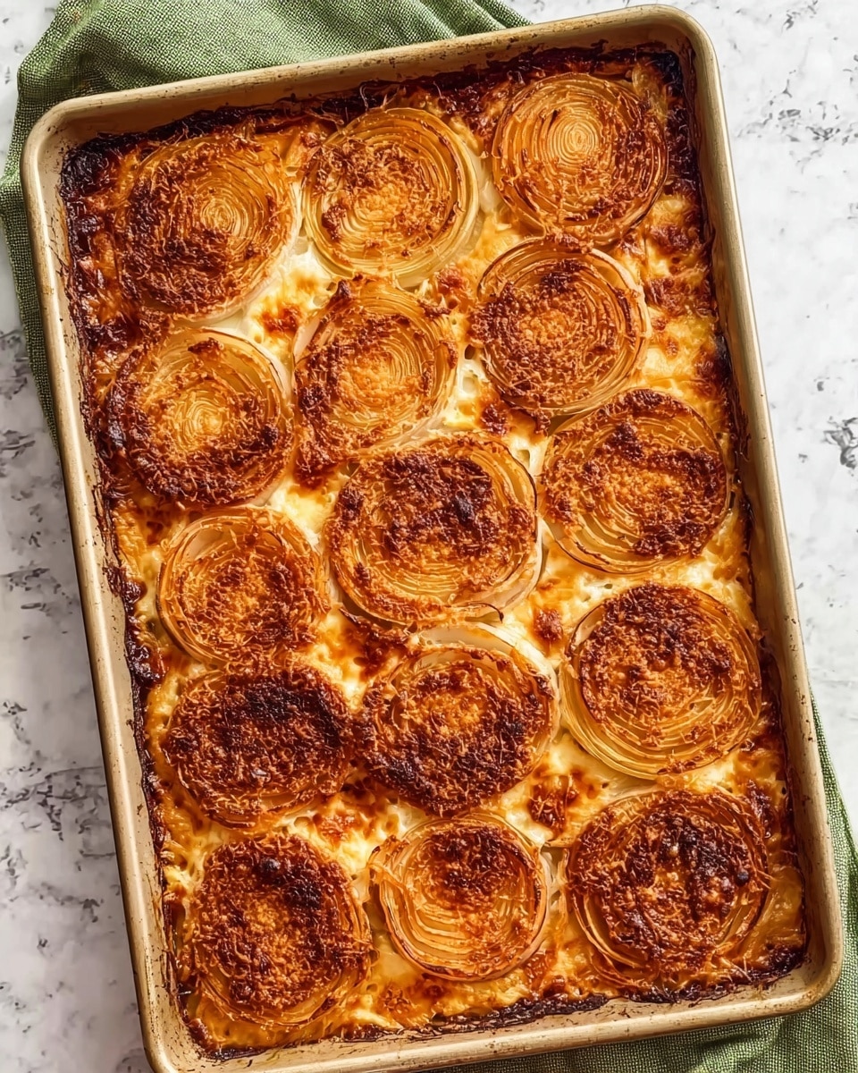 The image shows a rectangular baking tray filled with a baked dish that has a golden-brown crust and melted cheese on top. There are 15 evenly spaced circular slices of onion, each with a slightly darker, caramelized edge and a layered, textured center. The cheese underneath looks bubbly and browned in some places, especially around the edges of the onion slices, creating a crispy, textured border. The tray sits on a white marbled surface with a green cloth partially visible in the top corner. photo taken with an iphone --ar 4:5 --v 7