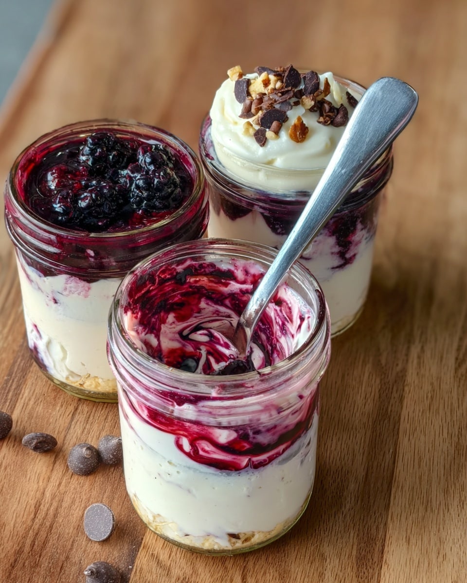 The image shows three clear glass jars filled with a dessert that has visible layers. Each jar has a thick, creamy white base layer topped with a dark purple berry sauce layer that sometimes mixes into the cream. The middle jar has a swirl of bright red and dark berry colors blended into the cream. On top of the back jar, there is a small dollop of white cream with chocolate chips and crunchy nut pieces sprinkled over dark blueberries and blackberries. A silver spoon is placed inside the front jar, which has a mix of white cream and berry sauce with a few whole berries visible amid the swirls. The jars are resting on a wooden surface, and a few chocolate chips are scattered nearby. photo taken with an iphone --ar 4:5 --v 7
