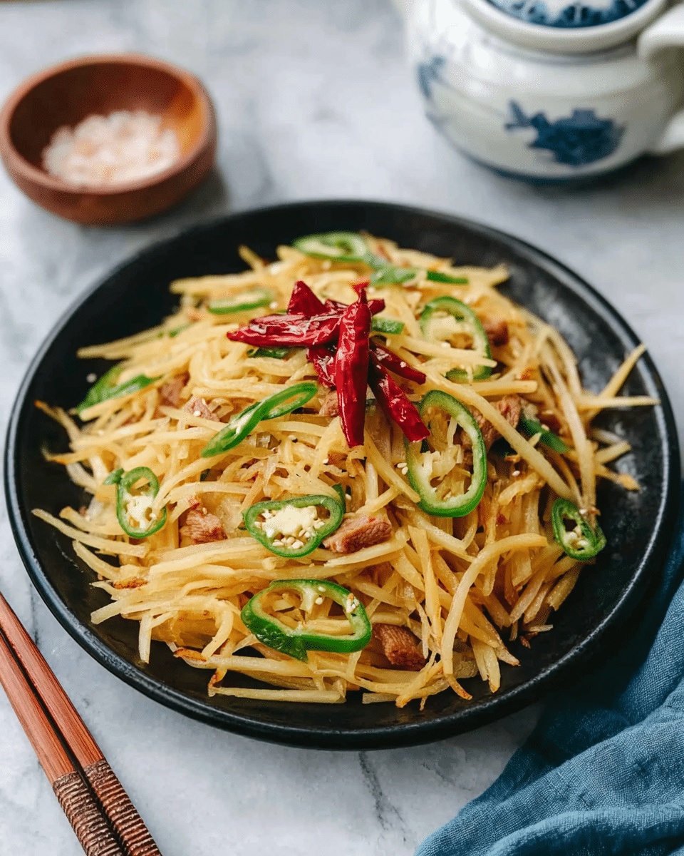 A black plate holds a stir-fry dish made of thin yellow potato strips as the base layer, topped with slices of green jalapeño peppers scattered evenly across the surface. There are some bright red dried chili peppers placed on top, adding pops of color. Small pieces of light brown meat are mixed among the potato strips. The plate sits on a white marbled surface with a small wooden bowl of coarse salt in the background and a white teapot with blue decorations partially visible. Dark wooden chopsticks rest on the edge of the plate, and a soft blue cloth is partly visible at the bottom right corner of the image. photo taken with an iphone --ar 4:5 --v 7