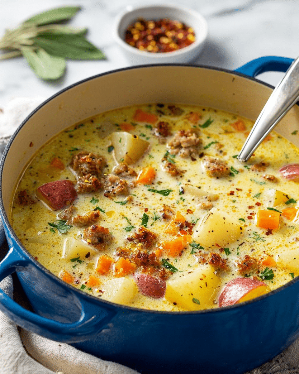 A blue pot filled with a creamy soup, showing multiple layers including chunky pieces of red-skinned potatoes, small browned sausage bits, diced orange carrots, and green herbs sprinkled on top. The soup base is pale yellow with a smooth, slightly oily texture dotted with black pepper. A silver spoon is partially submerged on the right side, resting inside the pot. In the background, a small white bowl contains red pepper flakes and green leaves are slightly blurred, all set on a white marbled surface with a light-colored cloth nearby. Photo taken with an iphone --ar 4:5 --v 7