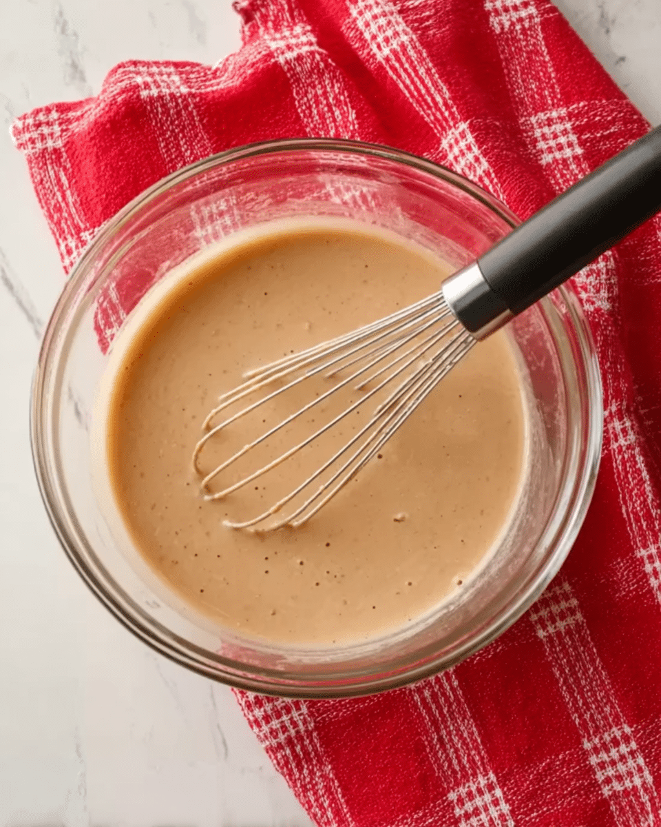 A clear glass bowl contains a smooth, light brown batter with a few small bubbles on the surface. A metal whisk with a black handle is partially submerged in the batter, resting slightly to the side inside the bowl. The bowl sits on a white marbled surface and is partially surrounded by a red and white checkered cloth, adding a bright contrast to the scene. photo taken with an iphone --ar 4:5 --v 7