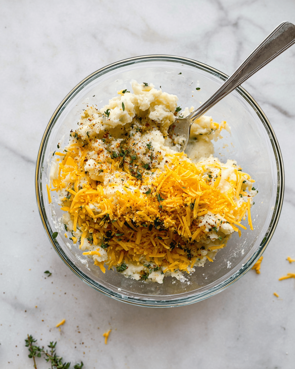 A clear glass bowl holds a mix of mashed white potatoes at the bottom with a soft and grainy texture, topped with a layer of bright orange shredded cheddar cheese. Scattered across the cheese are small bits of green chopped herbs and a fine sprinkling of black pepper and red spices. A silver spoon rests inside the bowl, slightly lifted, showing part of the mashed potatoes and cheese mixture. The bowl sits on a white marbled surface with a few tiny herb pieces around it, creating a fresh and simple look. Photo taken with an iphone --ar 4:5 --v 7