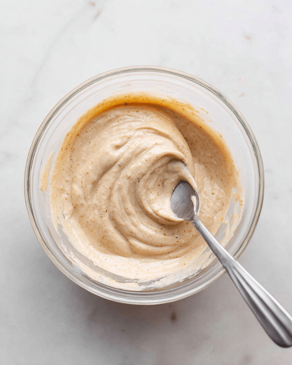 A clear glass bowl sits on a white marbled surface, filled with a thick, creamy mixture that is light beige with tiny darker specks throughout. The mixture has smooth, swirling textures on top, showing it has been stirred, with a silver spoon partially dipped into it, resting against the side of the bowl. Photo taken with an iphone --ar 4:5 --v 7