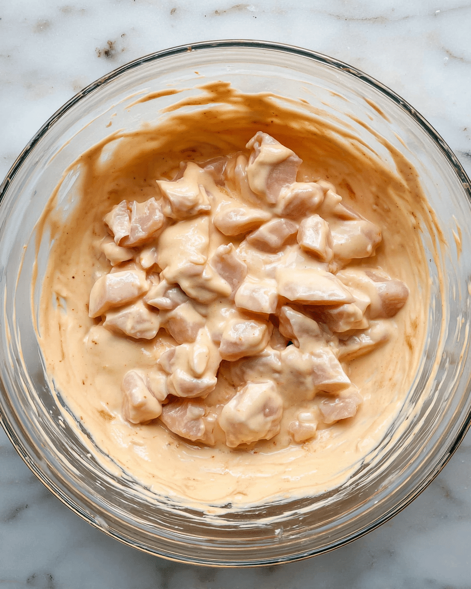 A clear glass bowl sits on a white marbled surface, filled with thick, creamy sauce that is pale orange in color with a smooth texture. On top of the sauce are multiple pieces of raw, cut chicken showing a light pink color with a moist surface, scattered evenly across the sauce. The bowl edges have some sauce spread thinly around them, and the mix looks ready to be stirred. photo taken with an iphone --ar 4:5 --v 7