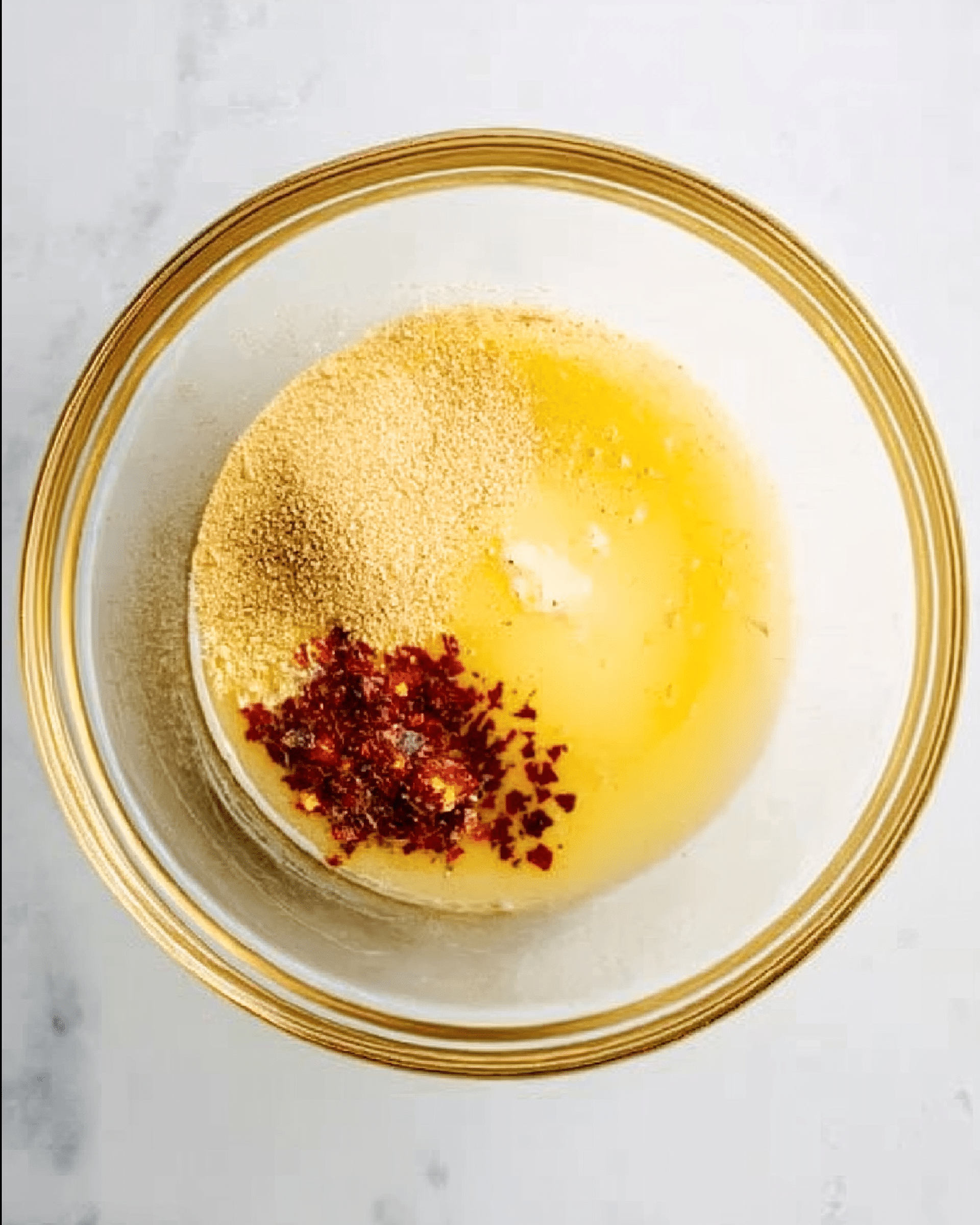 A clear glass bowl with three layers inside: a smooth yellow layer of melted butter at the bottom, a light tan powder on the left side, and a small pile of dark red chili flakes on the right. The bowl is set on a white marbled surface. Photo taken with an iphone --ar 4:5 --v 7