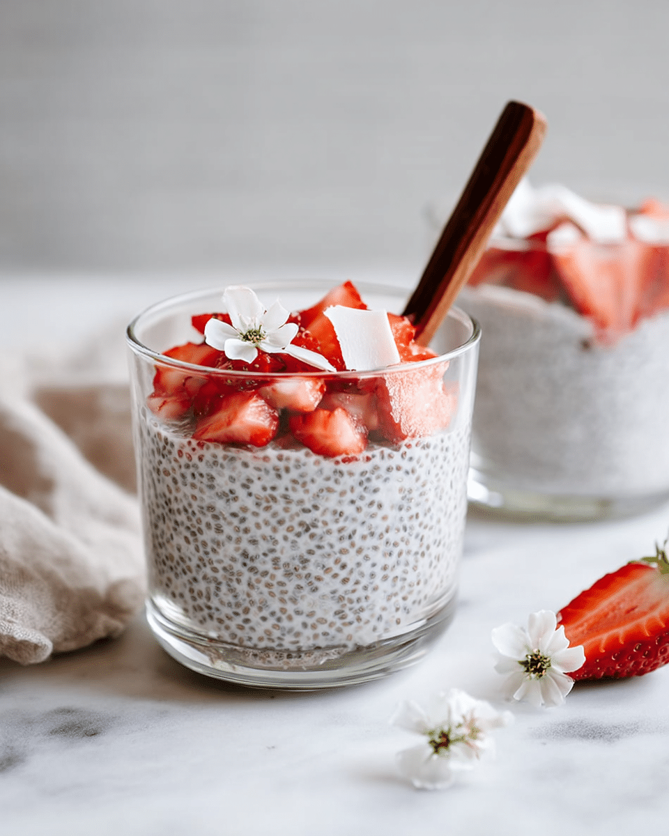 A clear glass filled almost to the top with light gray chia seed pudding with black specks evenly spread throughout forms the base layer. On top, there are thin, red strawberry slices with visible seeds, white coconut chunks, and tiny white edible flowers placed neatly. A brown wooden spoon is in the glass, leaning slightly outward. Another similar glass with the same pudding, toppings, and spoon is blurred in the background to the right. A halved strawberry and small white flowers rest on the white marbled surface in the foreground. The photo taken with an iphone --ar 4:5 --v 7