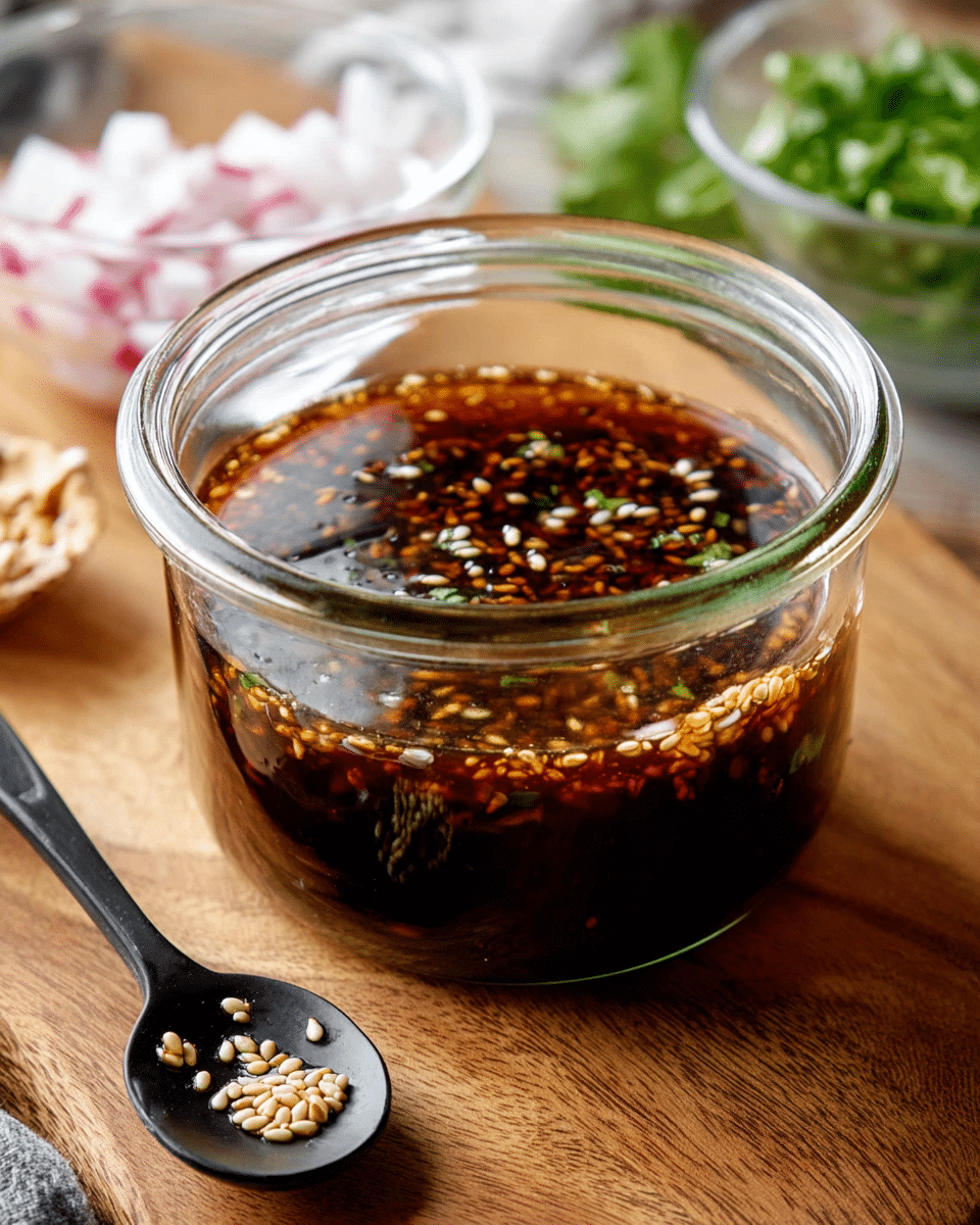 A clear round glass jar filled with two layers of dark brown sauce mixed with white sesame seeds, showing a glossy and slightly thick texture. The jar sits on a wooden surface, with a black spoon resting in front, holding a small amount of the sauce with a few sesame seeds. In the background, a small clear bowl contains white and pink sliced pieces, and some chopped green herbs lie nearby. The setting is bright and natural. Photo taken with an iphone --ar 4:5 --v 7
