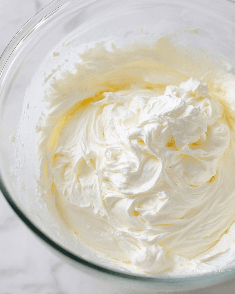 A close-up of a clear glass bowl filled with thick, creamy white whipped mixture that has soft, fluffy peaks and smooth, light textures swirled around inside the bowl, sitting on a white marbled surface. The creamy mixture has a slightly shiny finish with subtle light yellow undertones showing beneath the white, giving it a rich look. photo taken with an iphone --ar 4:5 --v 7
