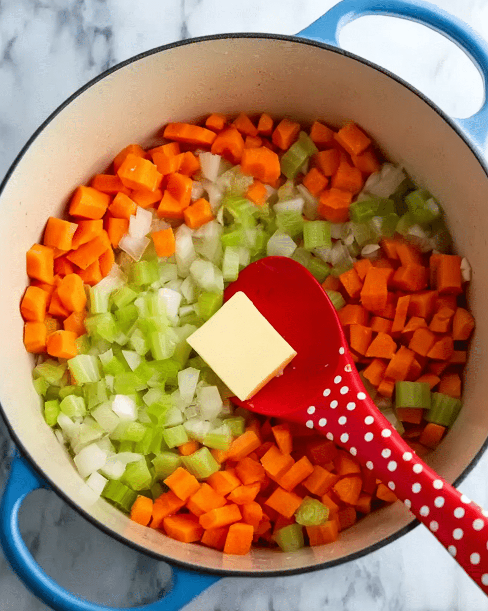 A close-up shot of a white pot with a red spoon with large white dots inside. The pot has chopped orange carrots, light green celery pieces, and small white onion chunks layered evenly around a square piece of light yellow butter in the center. The background is a white marbled texture. Photo taken with an iphone --ar 4:5 --v 7