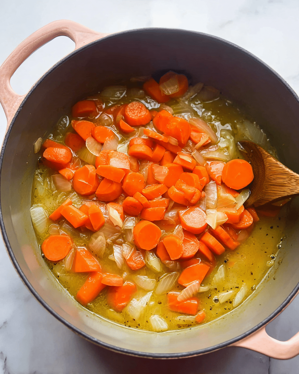 A close-up view inside a gray pot with pink handles showing a cooked mix of chunky carrot slices and roughly chopped translucent onion pieces in a light yellow broth. The carrots are bright orange, cut into thick rounds and small pieces, mixed evenly with soft, shiny onion chunks. The broth has a slight sheen, appearing oily and flavorful, filling the pot to cover the vegetables. A wooden spoon is partly visible on the right edge, stirring the mixture. The background features a white marbled surface. photo taken with an iphone --ar 4:5 --v 7