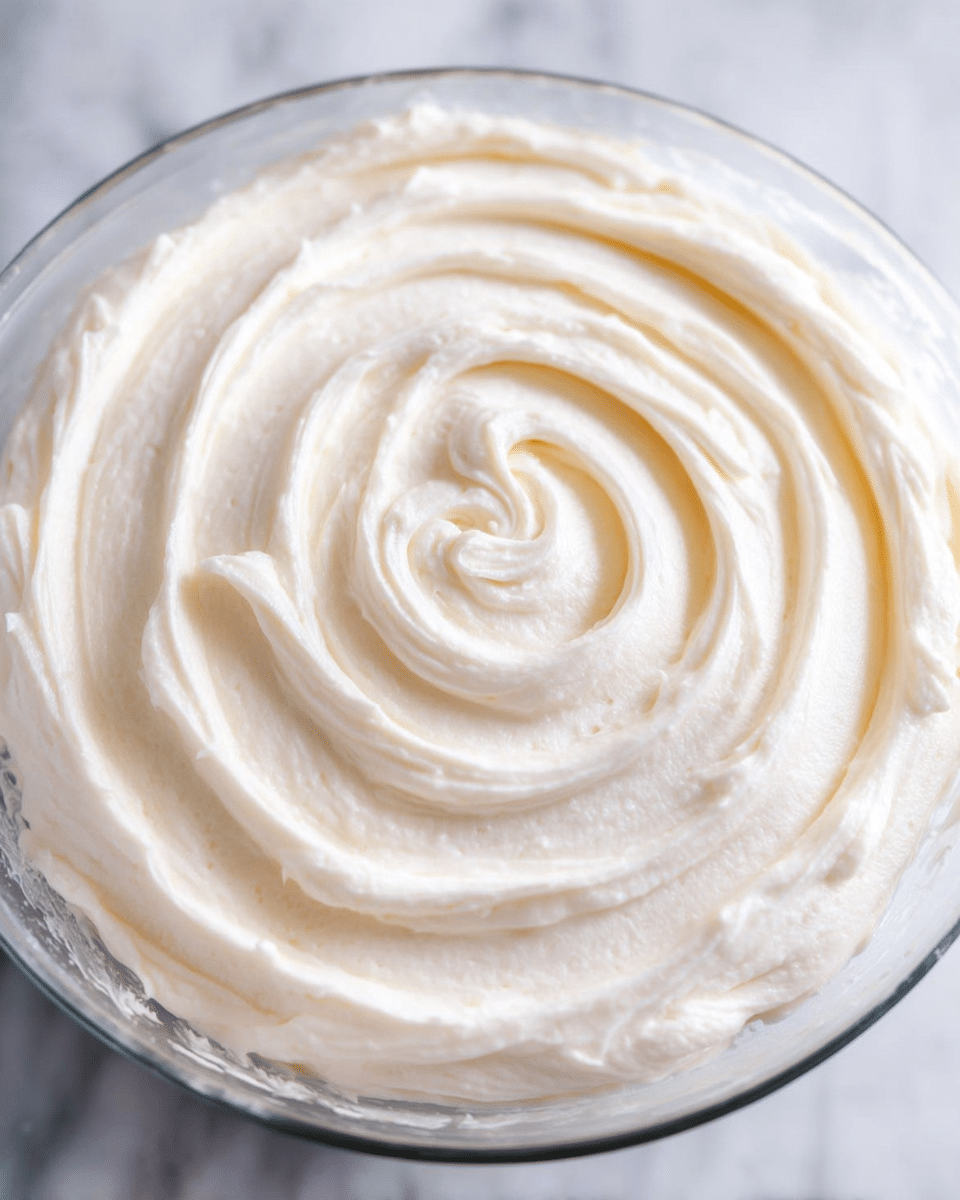 A close-up view of a single large layer of smooth, creamy white frosting spread evenly in a clear bowl, with soft swirls gently spiraled from the center outward, creating a textured yet fluffy surface. The bowl sits on a white marbled surface, highlighting the light and airy texture of the frosting with tiny peaks and rounded edges. Photo taken with an iphone --ar 4:5 --v 7