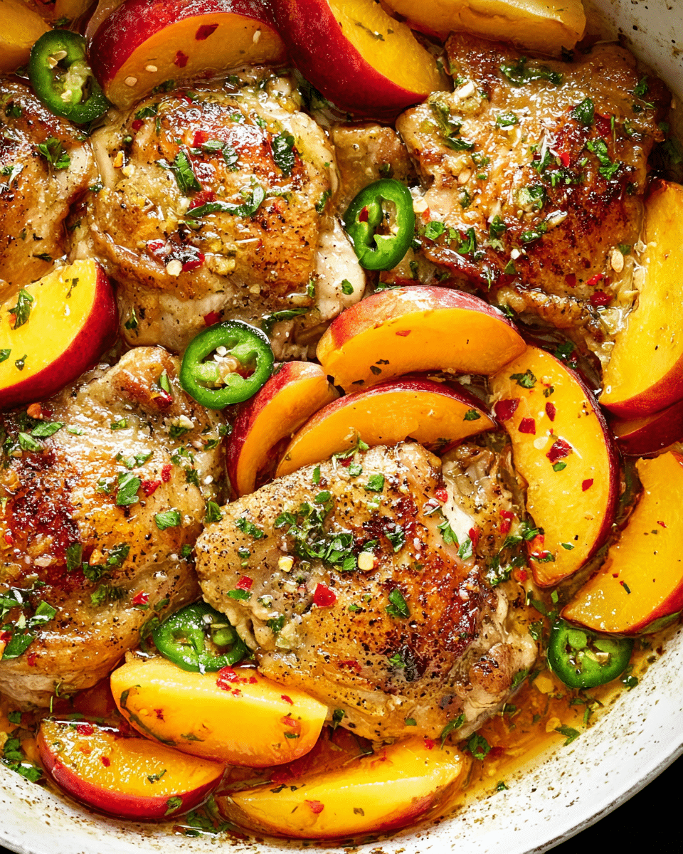 A close-up view of a white pan filled with several pieces of cooked chicken thighs. On top and around the chicken are bright orange peach slices with a slight red edge, adding a juicy texture. There are also thin green slices of jalapeño peppers scattered among the chicken and peaches. The dish is sprinkled with small bits of chopped green herbs and red pepper flakes, giving the food color and a fresh look. The chicken has a light brown seared surface showing seasoning and slight grilling marks, making it look tender and flavorful. photo taken with an iphone --ar 4:5 --v 7