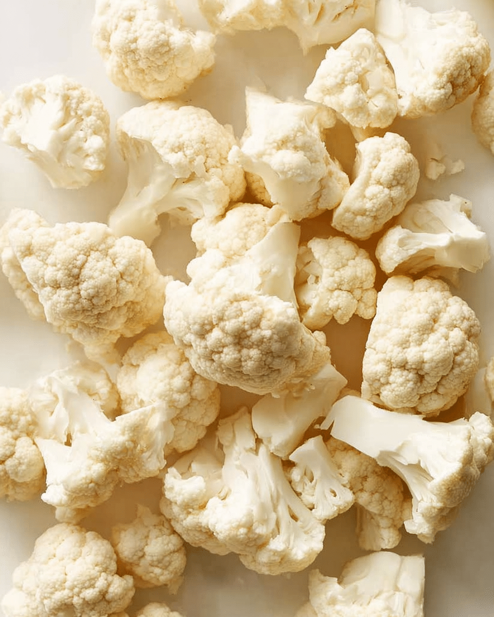 A close-up view of many small raw cauliflower pieces scattered on a white marbled surface. The cauliflower pieces are light cream to white in color, showing the natural bumpy texture of the florets on top and the smooth cut stems at the bottom. The florets are uneven in size but mostly small to medium, and they fill the frame evenly with soft shadows between them. photo taken with an iphone --ar 4:5 --v 7