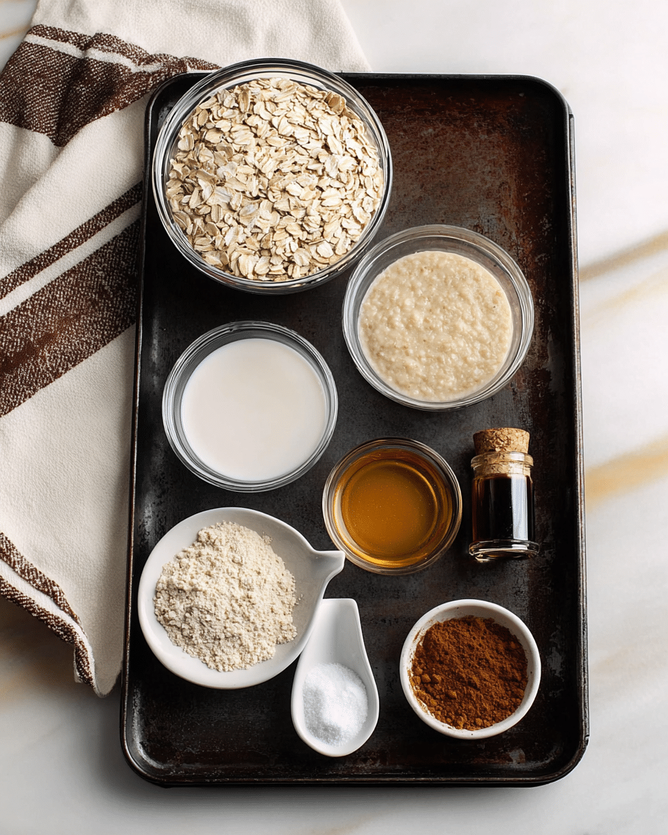 A dark metal tray placed on a white marbled surface holds seven small containers of ingredients arranged neatly. At the top, a clear glass bowl filled with light beige rolled oats sits, followed to the left by another glass bowl with smooth white milk. Below these, a third glass bowl contains a beige, thick liquid with a grainy texture, and next to it, a smaller glass bowl holds a pale yellow powder. To the right side of the tray, a small clear bowl of golden honey and a glass bottle filled with brown cinnamon powder stand close together. At the bottom left corner of the tray, a small white dish contains a heap of white powder, and next to it, another small white dish holds a dark brown thick liquid. A cream, brown, and black-striped cloth is placed partly under the tray at the top left. photo taken with an iphone --ar 4:5 --v 7
