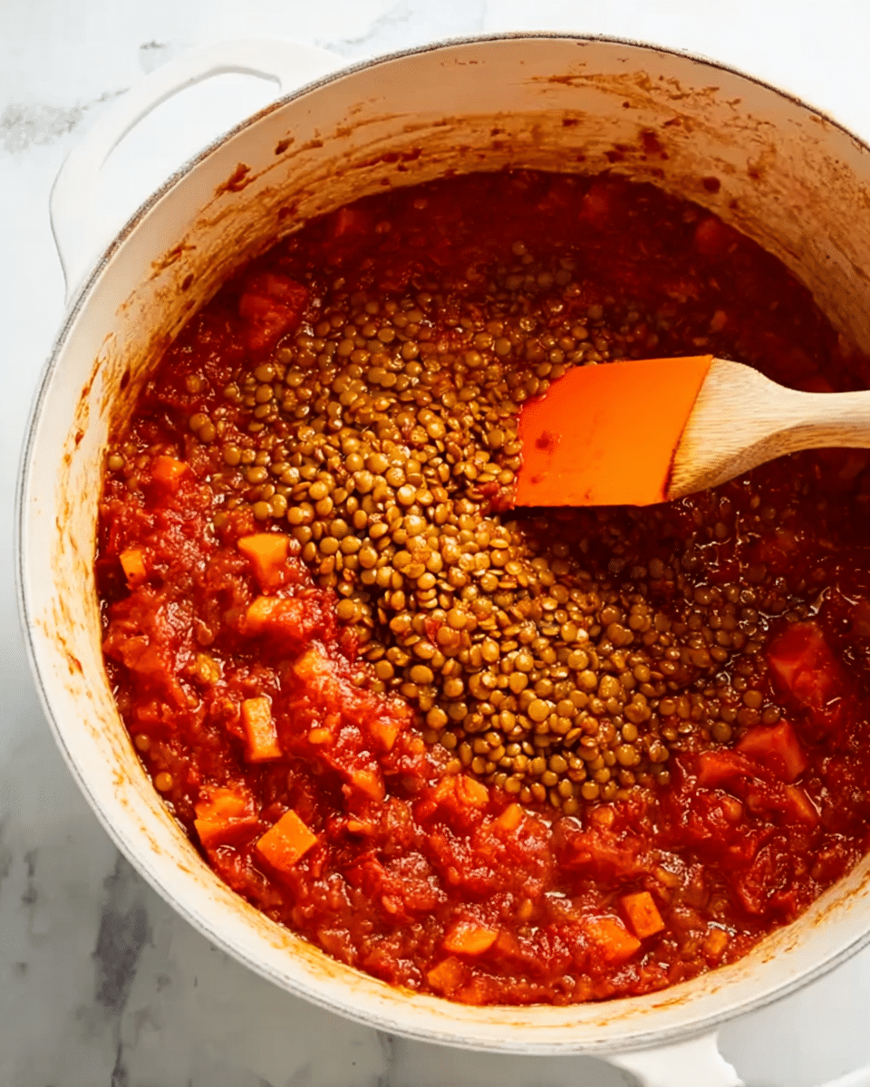 A large white pot sits on a white marbled surface, filled with a thick mixture of red tomato sauce, diced orange carrots, and brown lentils layered on top, with the lentils not yet stirred in. An orange spatula rests inside the pot on the right side, partially covered in sauce, while a wooden spoon stirs the contents from the left. The sauce looks chunky with visible tomato pieces and a rich, deep red color. photo taken with an iphone --ar 4:5 --v 7