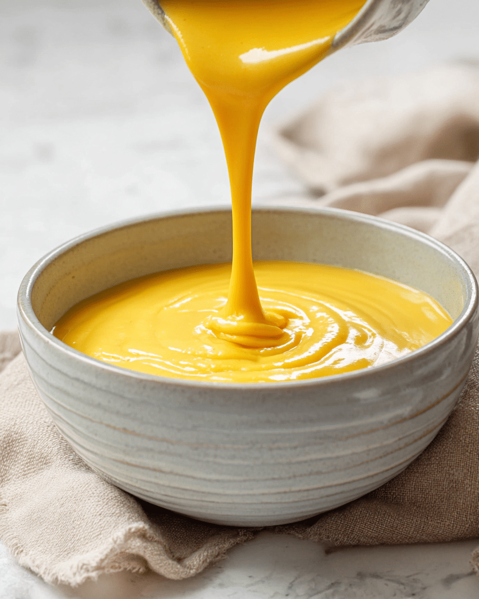 A light gray bowl with subtle vertical lines holds a thick, smooth, bright yellow creamy sauce being poured into it, creating soft swirls on the surface. The background shows a soft beige cloth and a white marbled surface. photo taken with an iphone --ar 4:5 --v 7